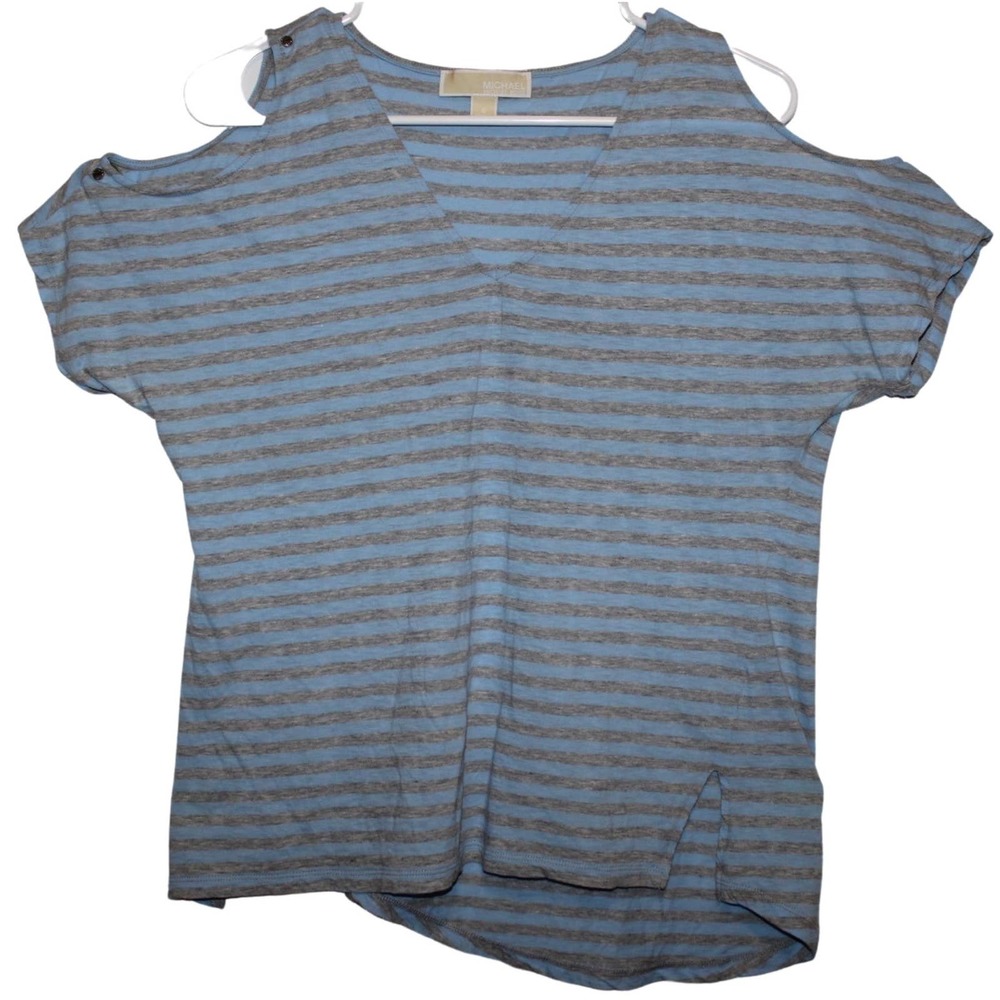 Women's Michael Kors Blue Grey Striped Casual Cut Out Short Sleeve Shirt Size S